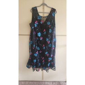 Calvin Klein Womens Black Mesh with Embroidered Hibiscus Flowers in Turquoise an